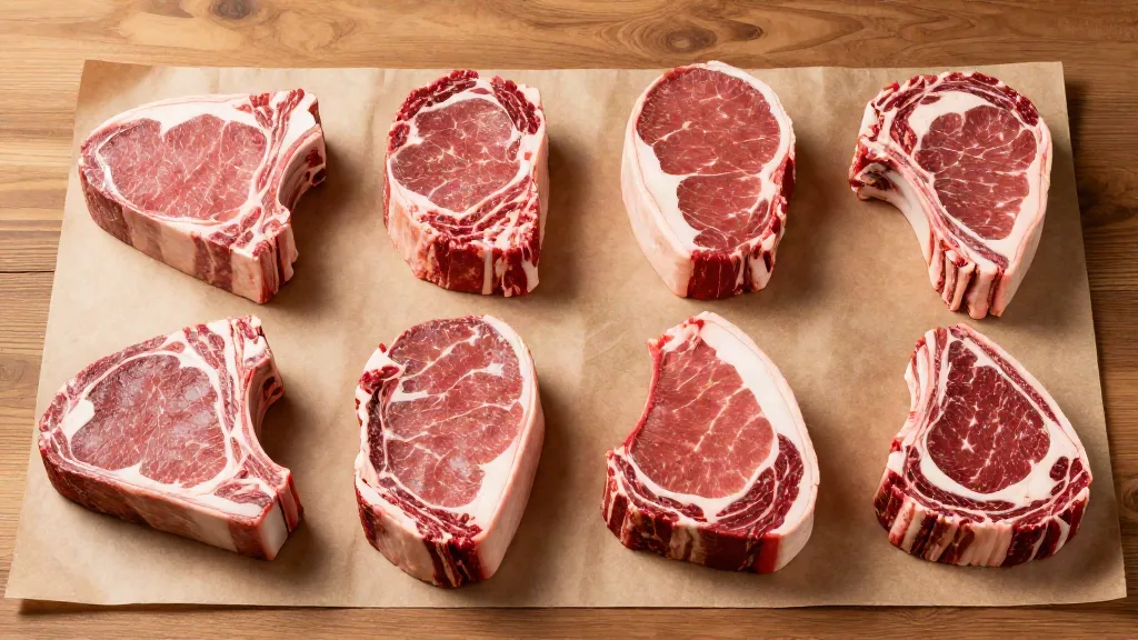 Raw beef cuts on butcher paper including ribeye, strip, filet, T-bone, chuck roast, brisket, flank and short ribs