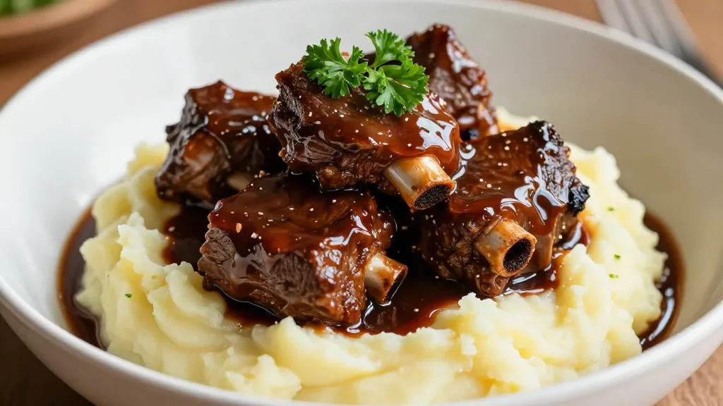 Braised bone-in beef short ribs in a rich glaze over mashed potatoes