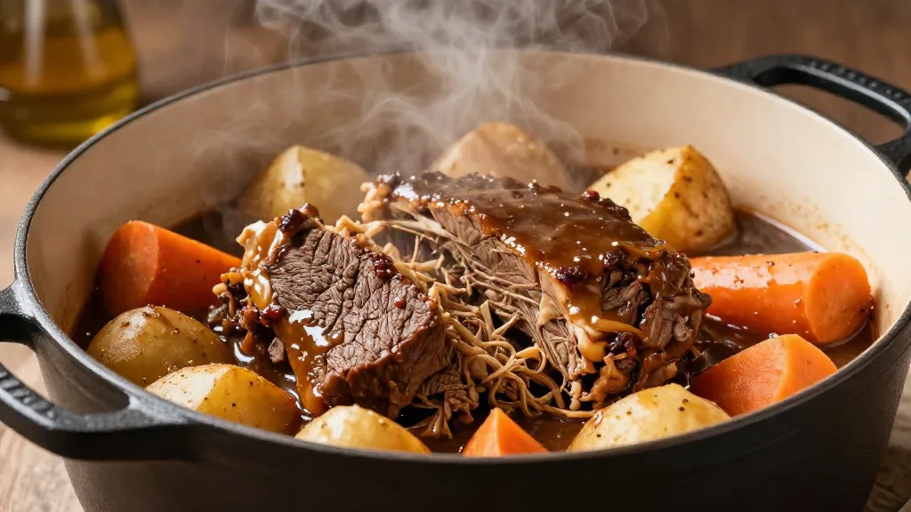 Fork-tender braised chuck pot roast with carrots and potatoes in a Dutch oven