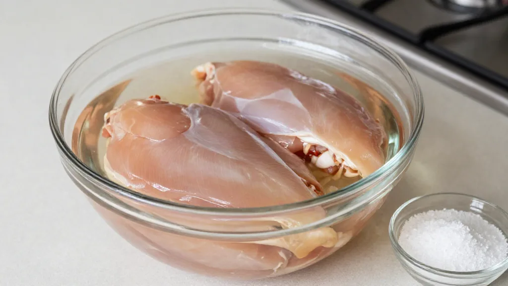 Raw chicken breasts soaking in a salt water brine in a glass bowl