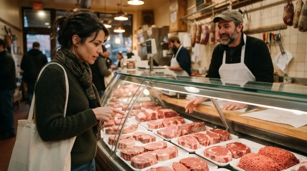 Home cook choosing beef cuts at a butcher shop counter