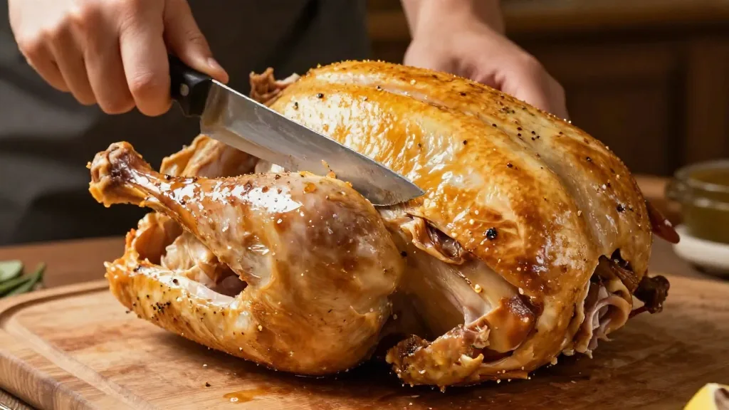 Carving a rested roast chicken and removing a leg with a carving knife
