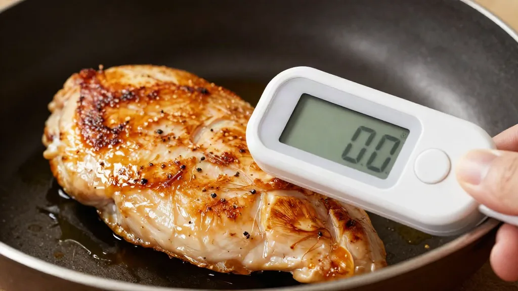 Instant-read thermometer inserted from the side into a pan-seared chicken breast