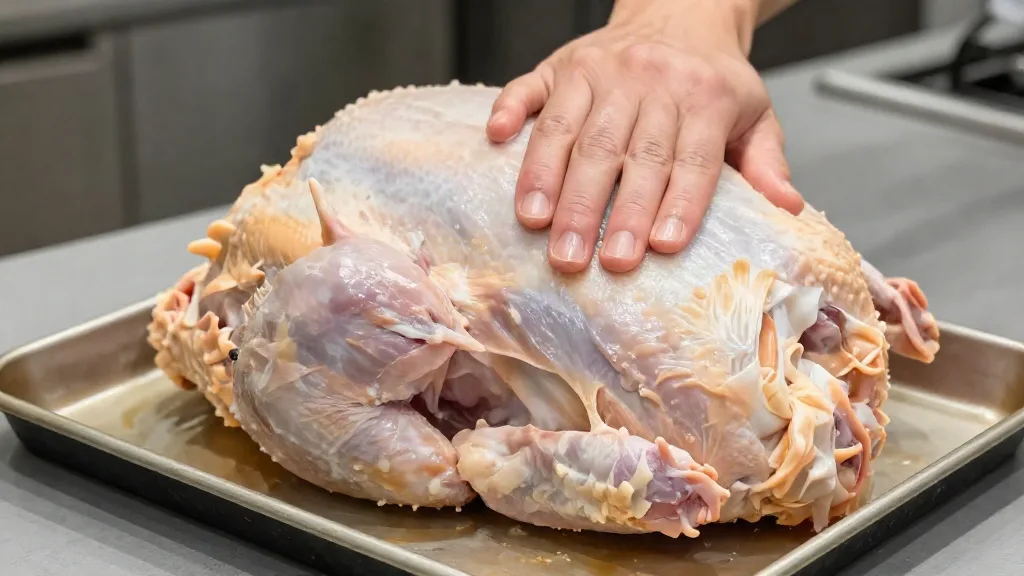 Hands pressing a raw turkey on a sheet pan to check that it is fully thawed