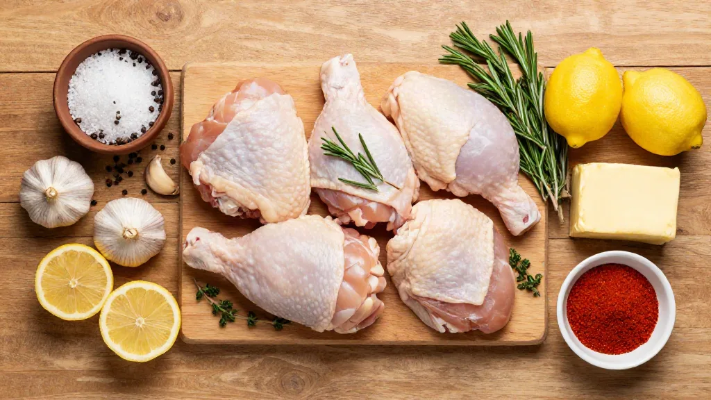 Chicken thighs with salt, peppercorns, garlic, lemon, rosemary, thyme, butter and paprika