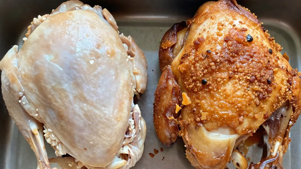 Chicken thigh with pale soft skin next to a thigh with crisp golden skin