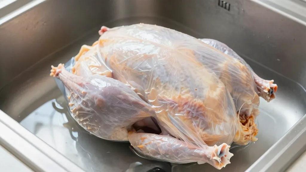 Turkey in a sealed bag fully submerged in cold water in a kitchen sink