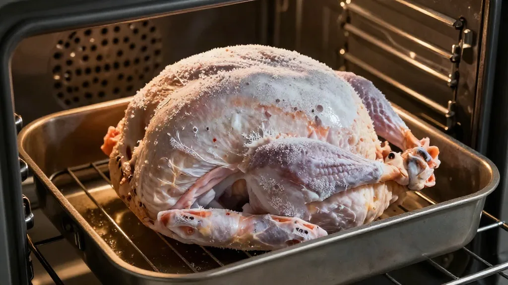 Frozen turkey on a roasting rack going into a home oven