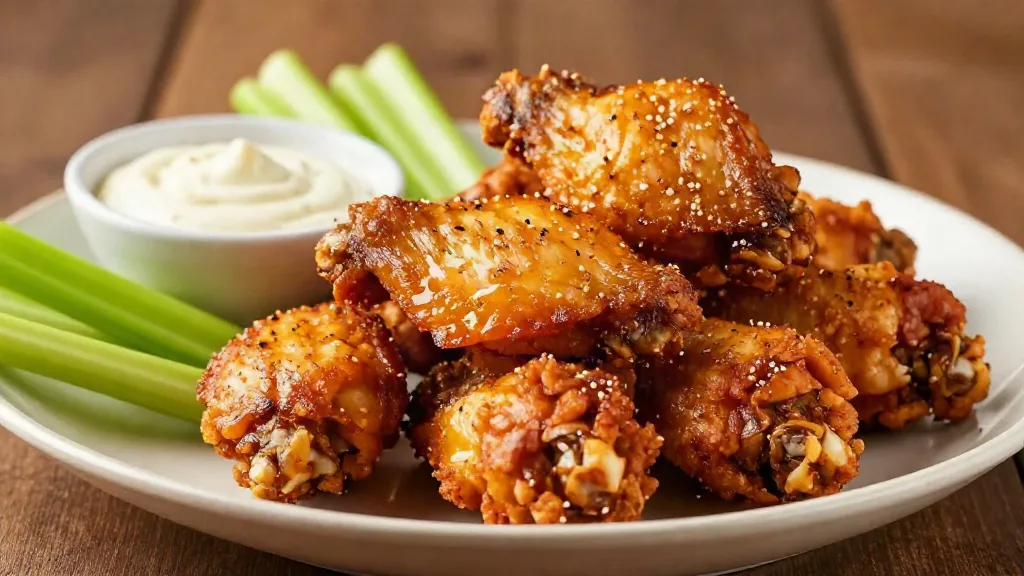 Crispy oven-baked chicken wings on a platter with celery and dipping sauce