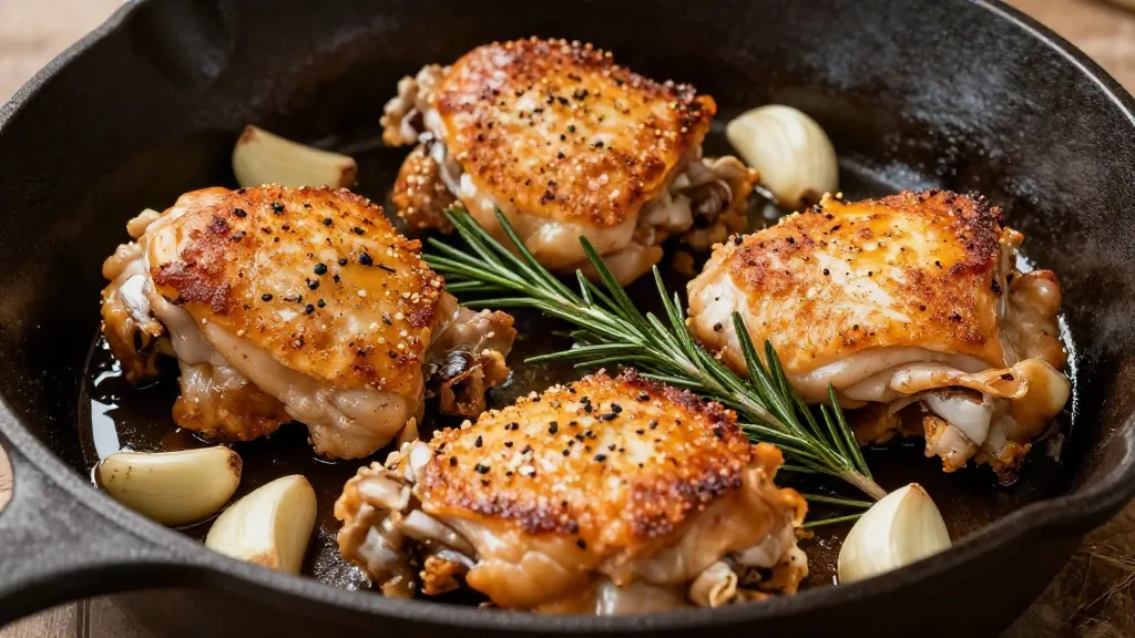 Crispy golden skin-on chicken thighs in a cast iron skillet with garlic and rosemary