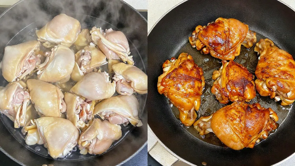 Crowded skillet of pale steaming chicken next to well-spaced chicken thighs browning