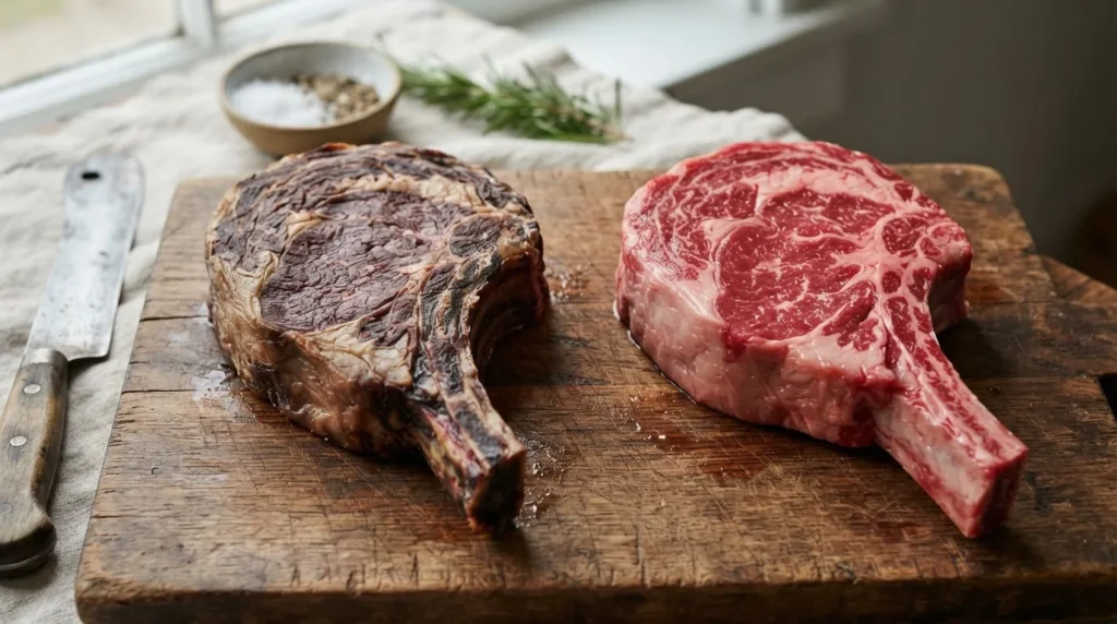 Dry-aged ribeye with a darker color next to a bright red fresh ribeye