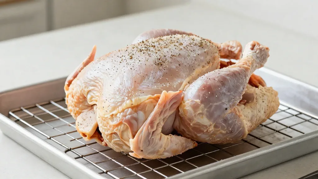 Raw whole chicken seasoned with kosher salt on a wire rack for dry brining