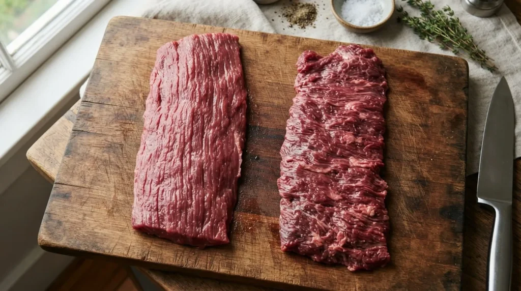 Raw flank steak and skirt steak side by side showing the direction of their muscle grain