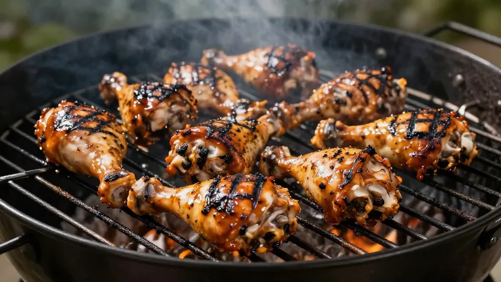 Glazed chicken thighs and drumsticks with char marks on a gas grill