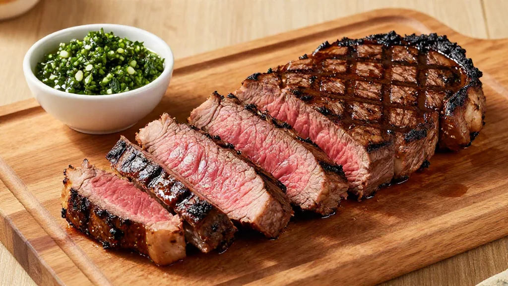 Grilled flat iron steak sliced to show a medium-rare center, with chimichurri