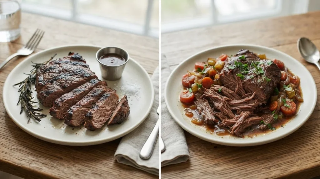 Tough grilled chuck steak next to tender braised chuck shredding apart in sauce