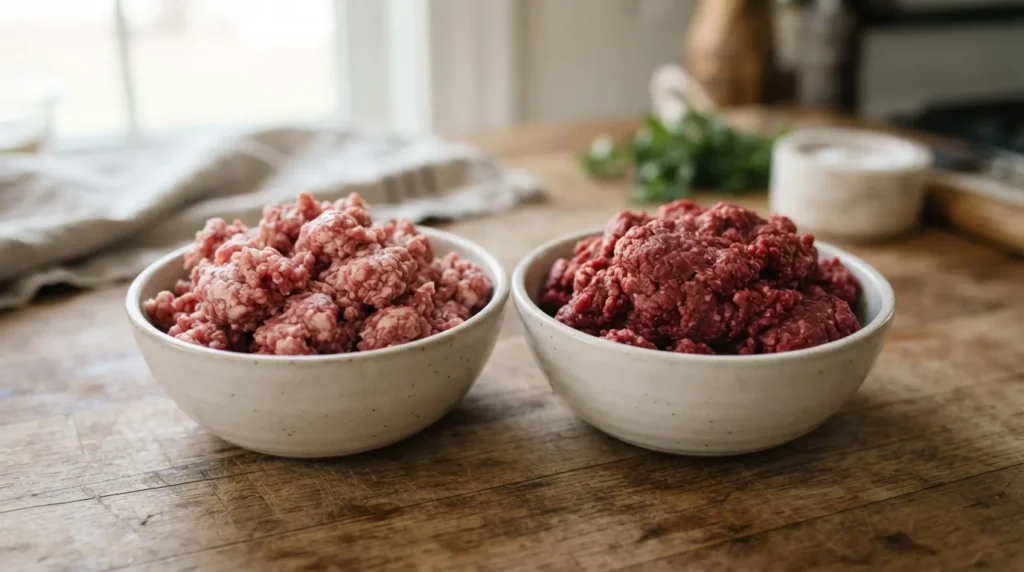 Two bowls of raw ground beef comparing a fattier blend with a leaner blend