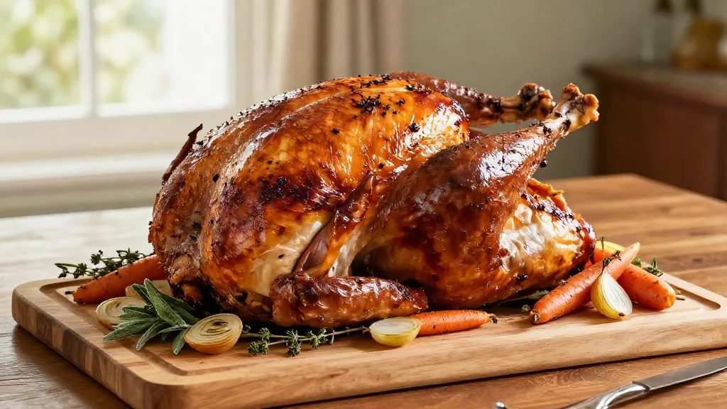 Whole roasted turkey with crisp golden brown skin on a carving board with roasted vegetables and herbs