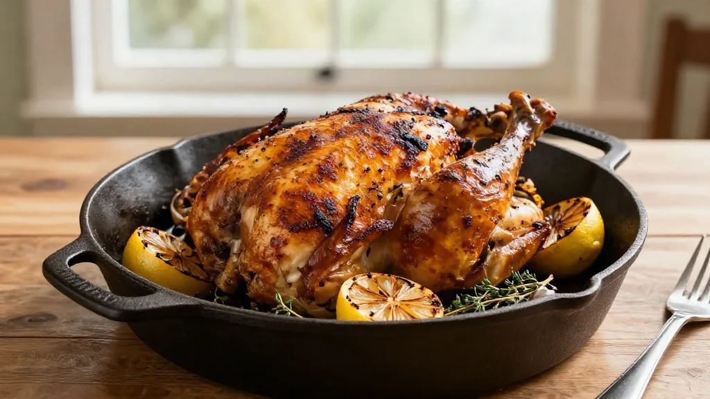 Golden roast chicken with crisp skin in a cast iron skillet with lemon and thyme