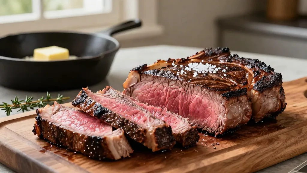 Sliced ribeye steak cooked medium-rare with a deep brown crust next to a cast iron skillet with butter and thyme