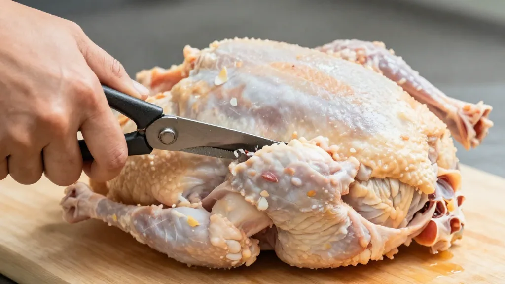 Cutting out the backbone of a raw chicken with poultry shears to spatchcock it