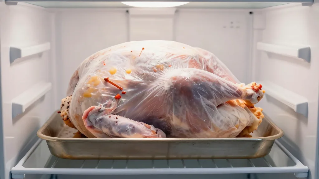 Frozen turkey thawing in its wrapper on a sheet pan on the bottom shelf of a refrigerator