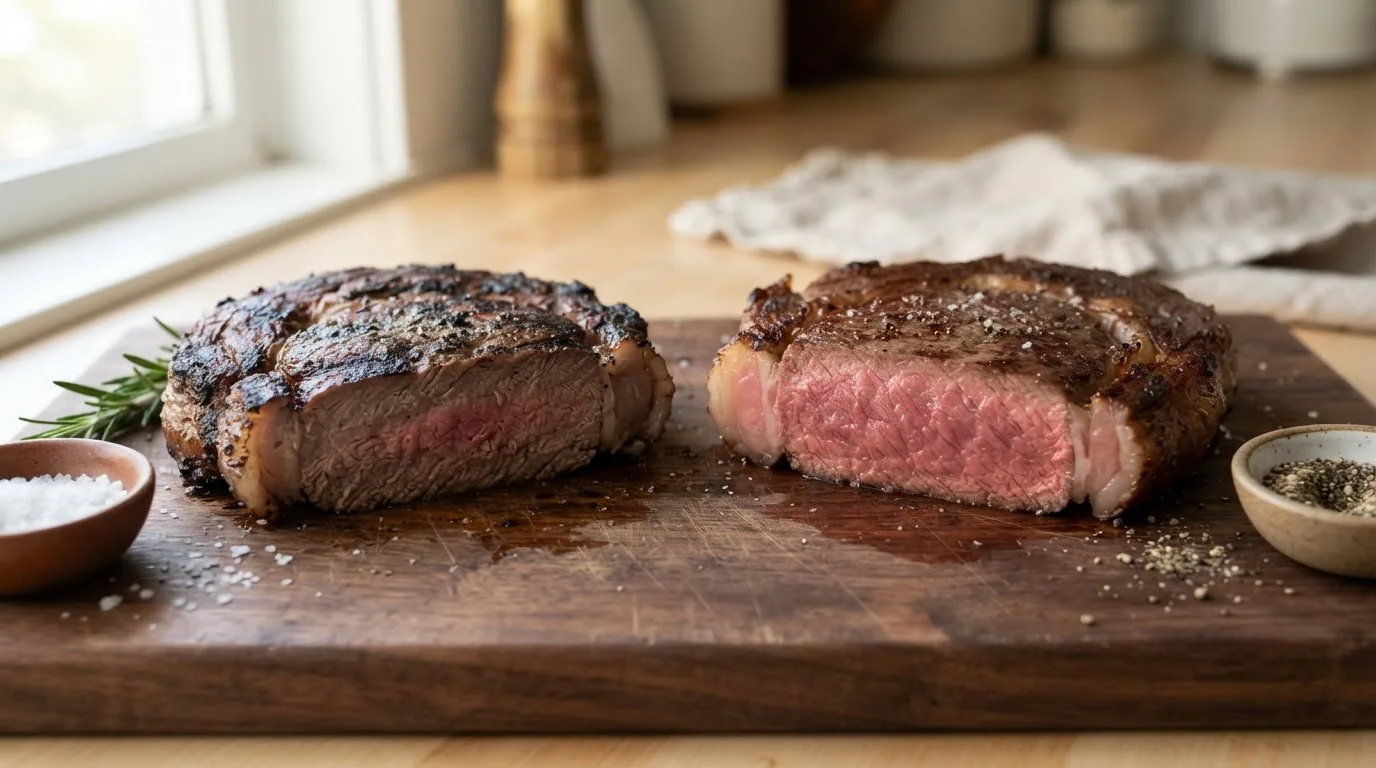 Overcooked steak with a thick gray band next to a steak cooked evenly pink edge to edge