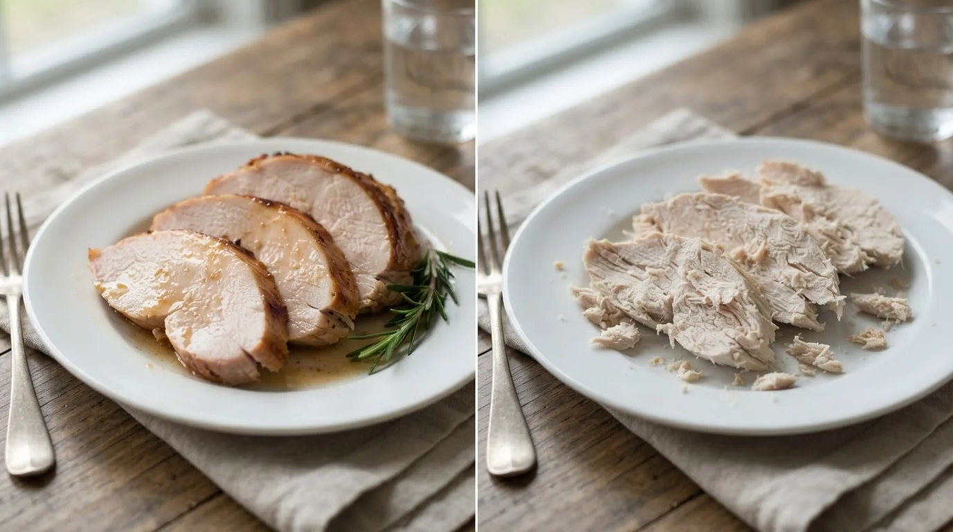 Juicy sliced turkey breast next to dry, overcooked turkey breast slices for comparison