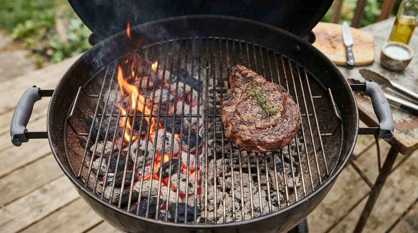 Steak on the cool side of a two-zone charcoal grill, with hot coals on the other side