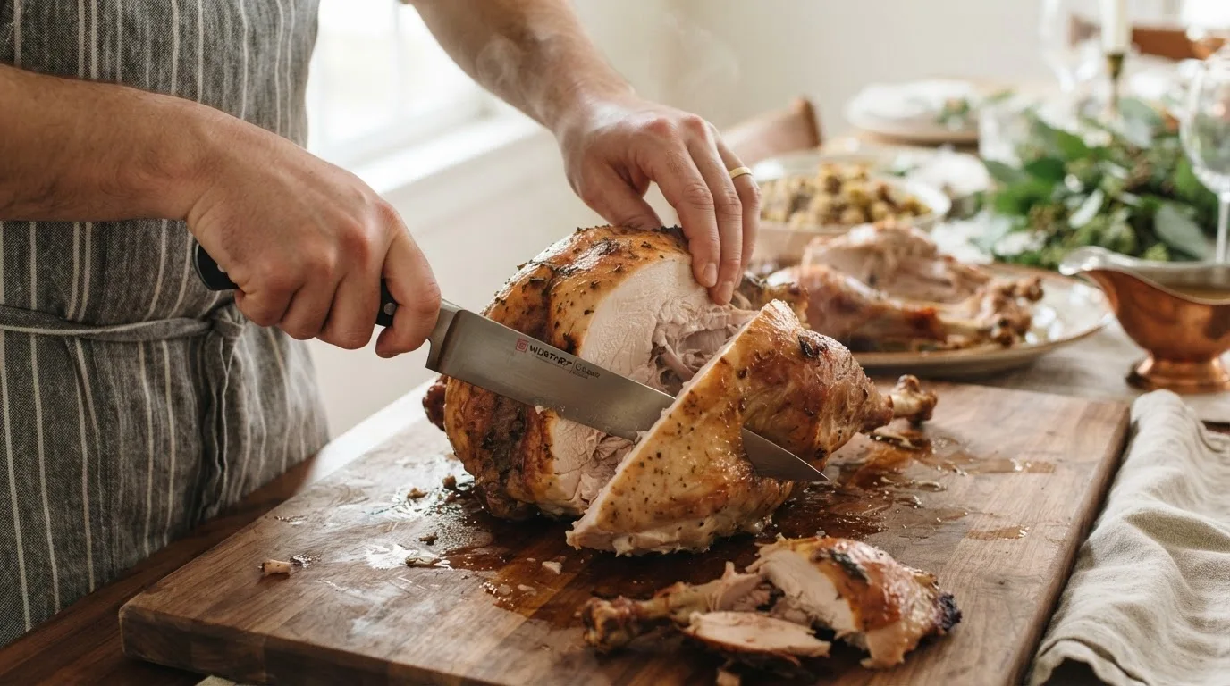 Carving a roast turkey by removing a whole breast half from the bone