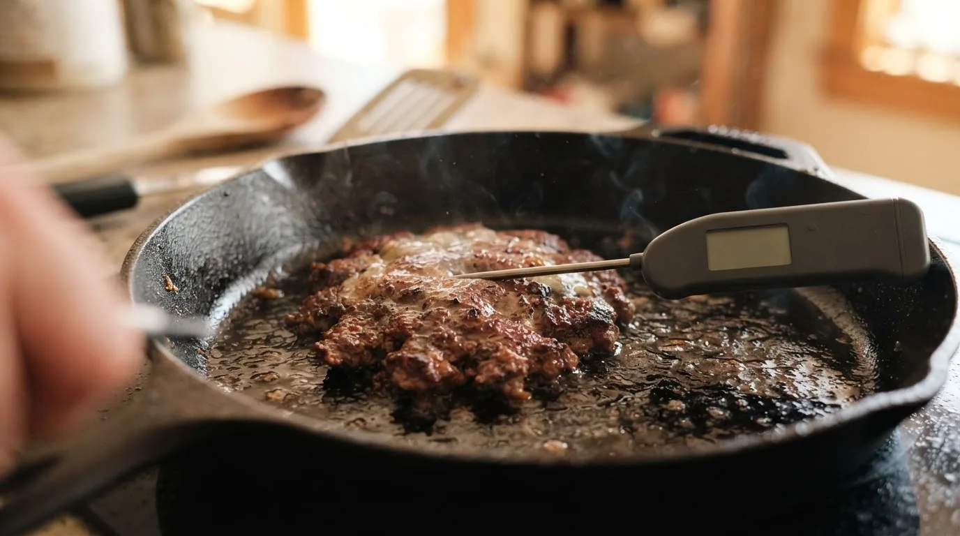 Thermometer probe inserted through the side of a thin burger patty into its center