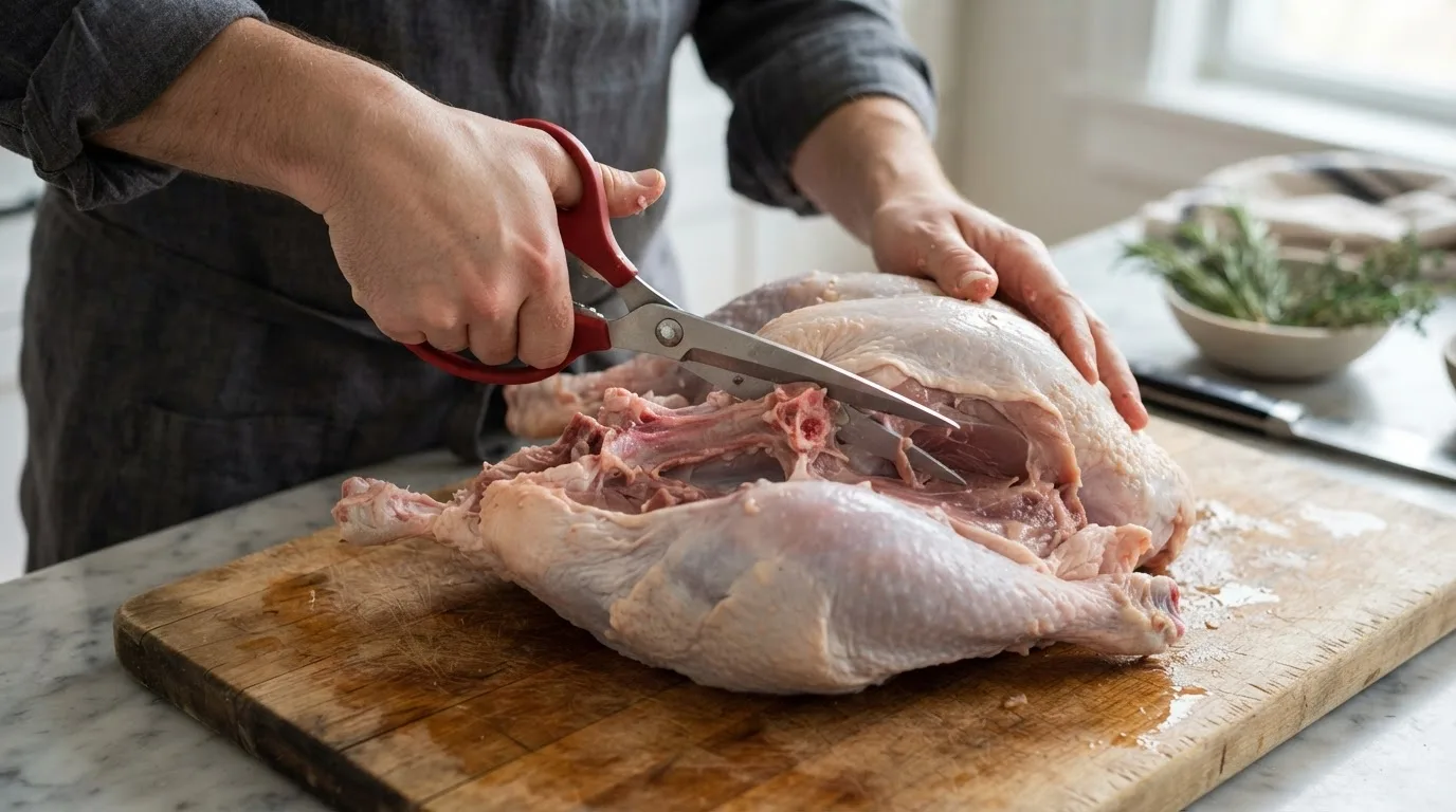Cutting out a turkey backbone with poultry shears to spatchcock the bird