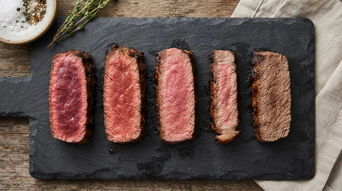 Five steak slices showing doneness from rare to well-done