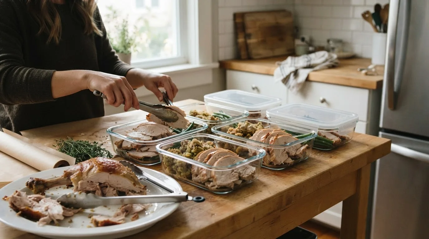 Leftover sliced turkey portioned into shallow glass containers for the refrigerator