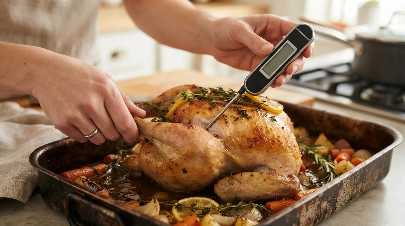 Instant-read thermometer inserted into the thickest part of a roast chicken thigh, away from the bone