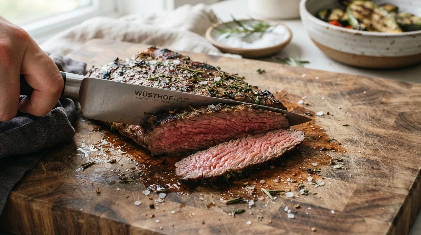 Knife slicing a cooked flank steak across its visible muscle fibers
