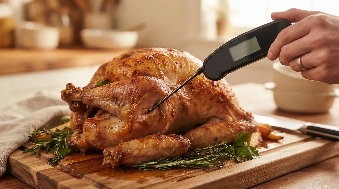 Instant-read thermometer in the innermost part of a roast turkey thigh, away from the bone