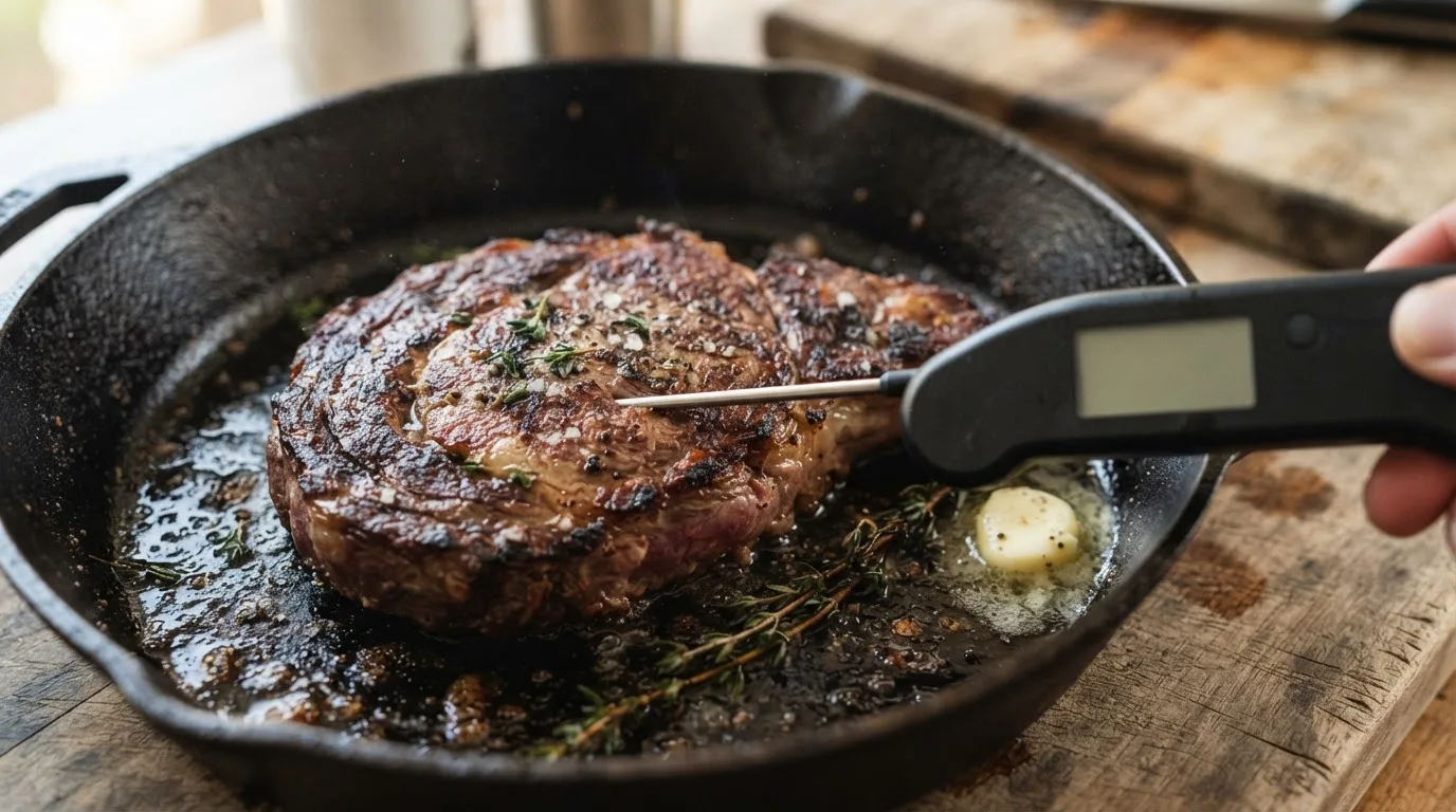 Instant-read thermometer inserted through the side of a seared steak into its center