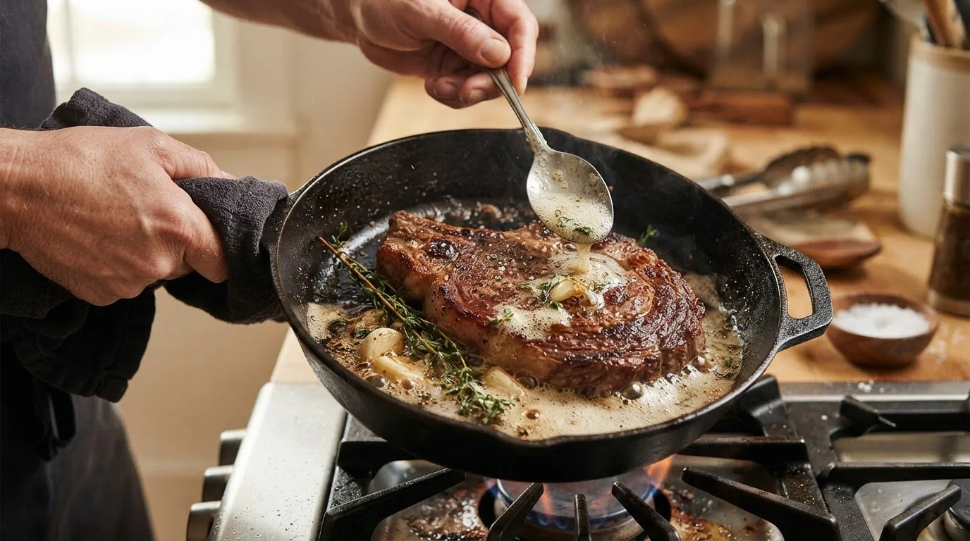 Spooning foaming butter with garlic and thyme over a steak in a tilted cast iron pan
