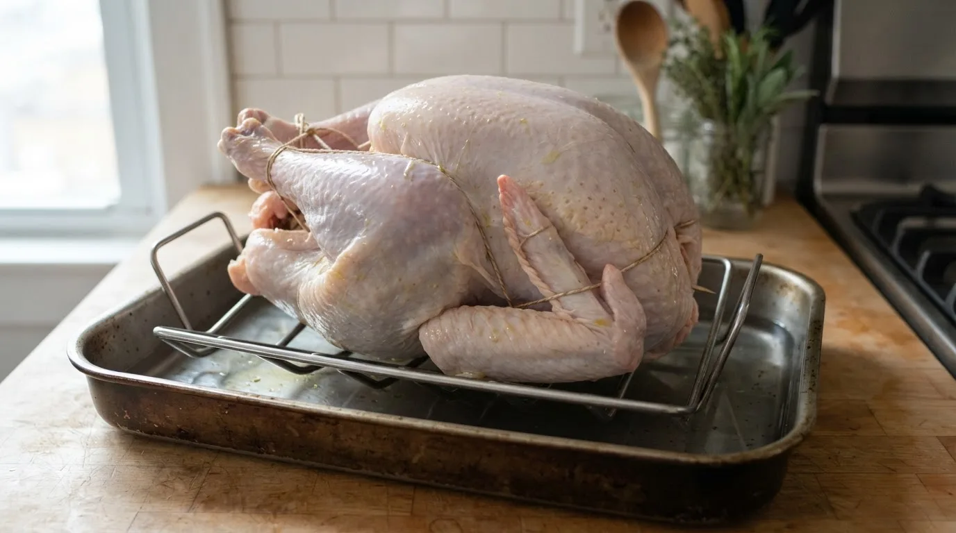 Raw turkey with wing tips tucked, on a rack in a shallow roasting pan ready for the oven