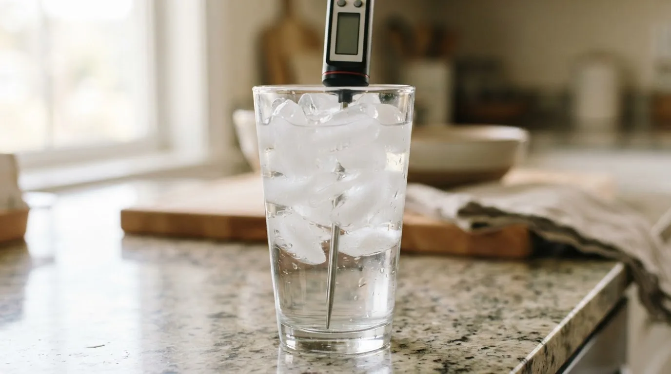 Digital thermometer probe in a glass of ice water for calibration, not touching the sides