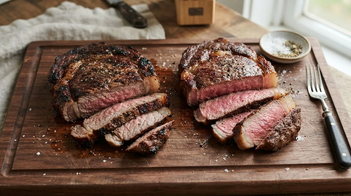 Steak with a thick gray overcooked band next to a steak cooked evenly pink edge to edge