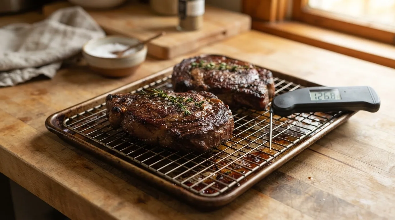 Two seared steaks resting uncovered on a wire rack with a thermometer beside them