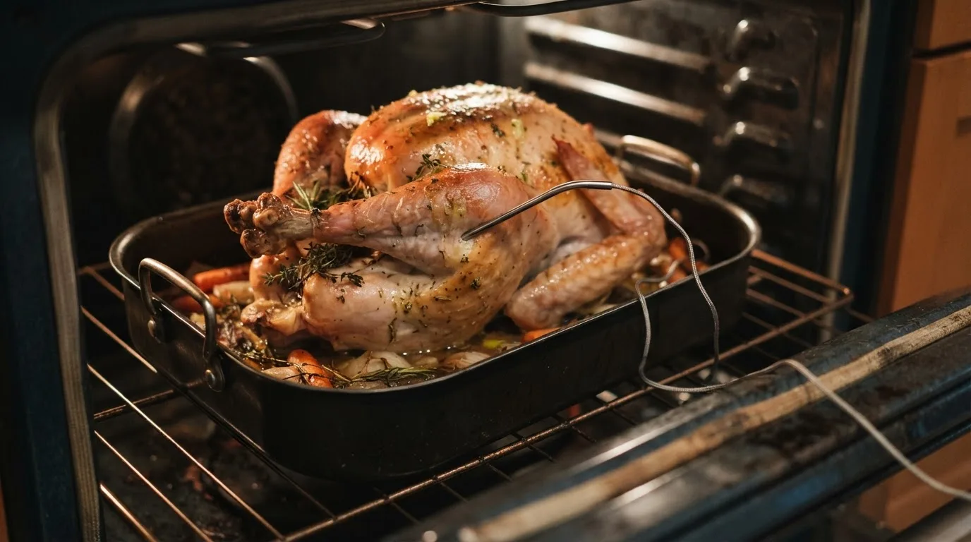 Leave-in probe thermometer placed in the innermost thigh of a roasting turkey