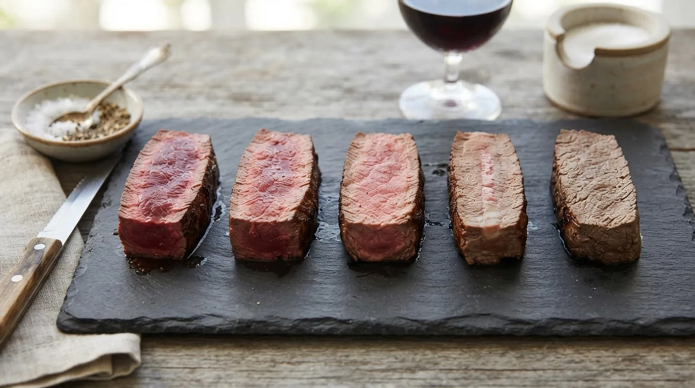 Five steak slices showing doneness levels from rare to well-done side by side