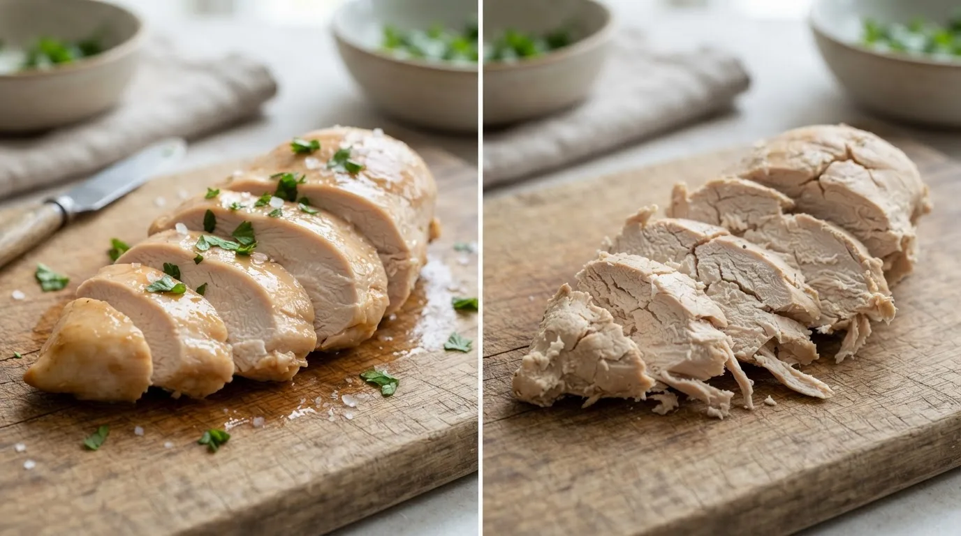 Juicy chicken breast next to a dry, overcooked chicken breast for comparison