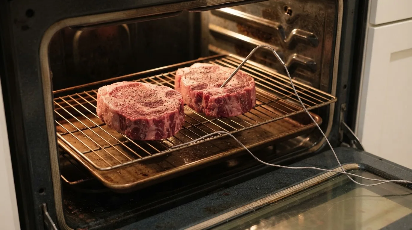 Thick steaks on a wire rack in a low oven with a leave-in probe for the reverse sear method