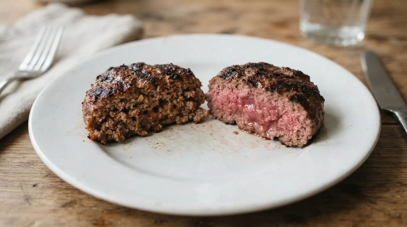 Two halved burger patties, one brown and one pink inside, showing color is not a reliable doneness test