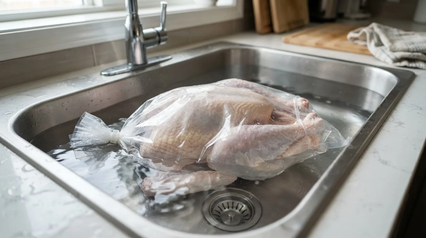 Turkey in a sealed bag fully submerged in cold water in a kitchen sink for faster thawing